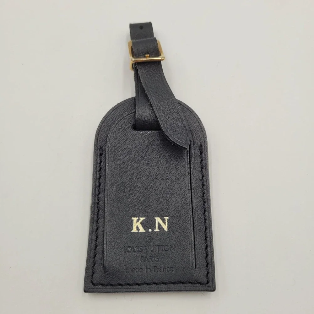 Louis Vuitton Black Taiga Leather Luggage Tag Gold Hardware Initials K.N France